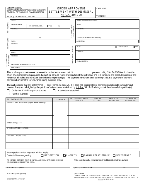 Form WC-370 Order Approving Settlement With Dismissal Under Njsa 34:15-20 - New Jersey