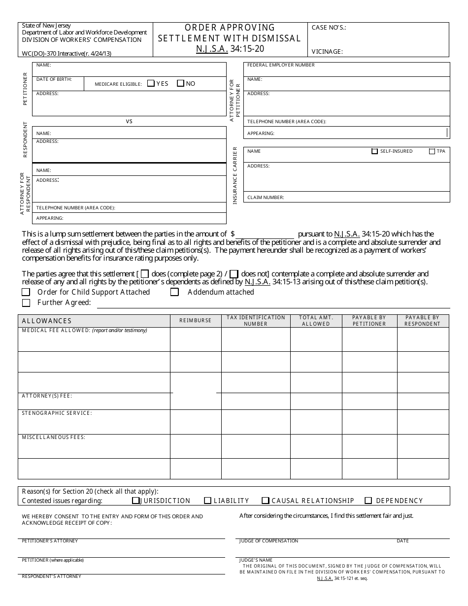 Form WC-370 Order Approving Settlement With Dismissal Under Njsa 34:15-20 - New Jersey, Page 1
