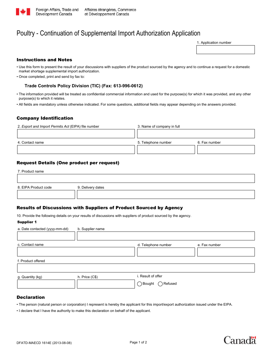 Form DFATD-MAECD1614E Poultry - Continuation of Supplemental Import Authorization Application - Canada (English / French), Page 1