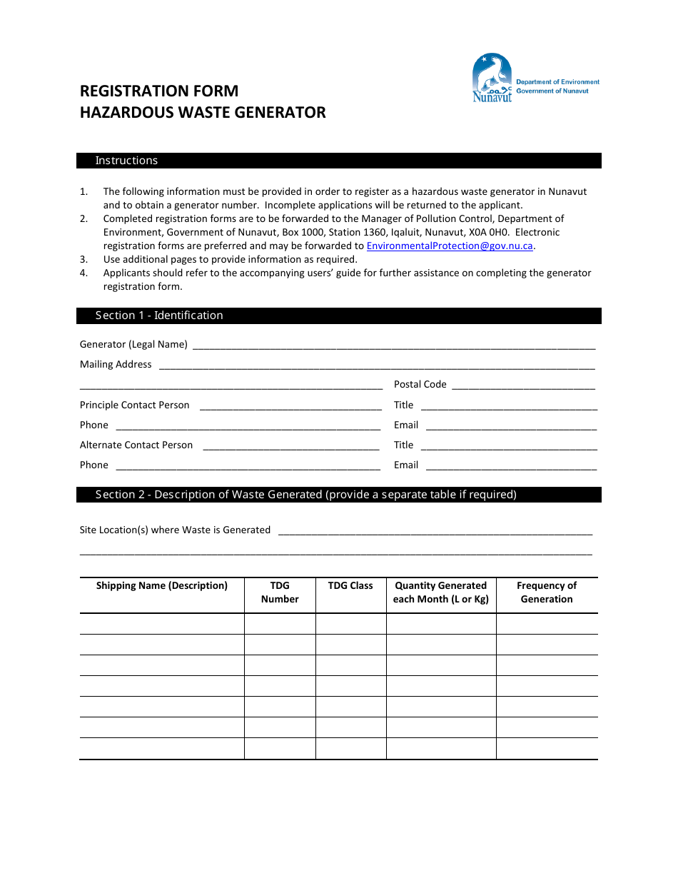 Registration Form Hazardous Waste Generator - Nunavut, Canada, Page 1
