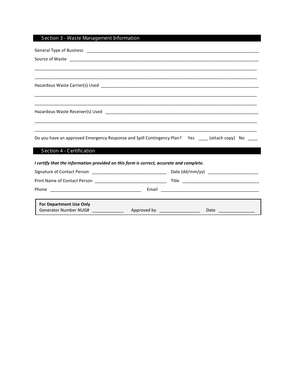 Registration Form Hazardous Waste Generator - Nunavut, Canada, Page 2