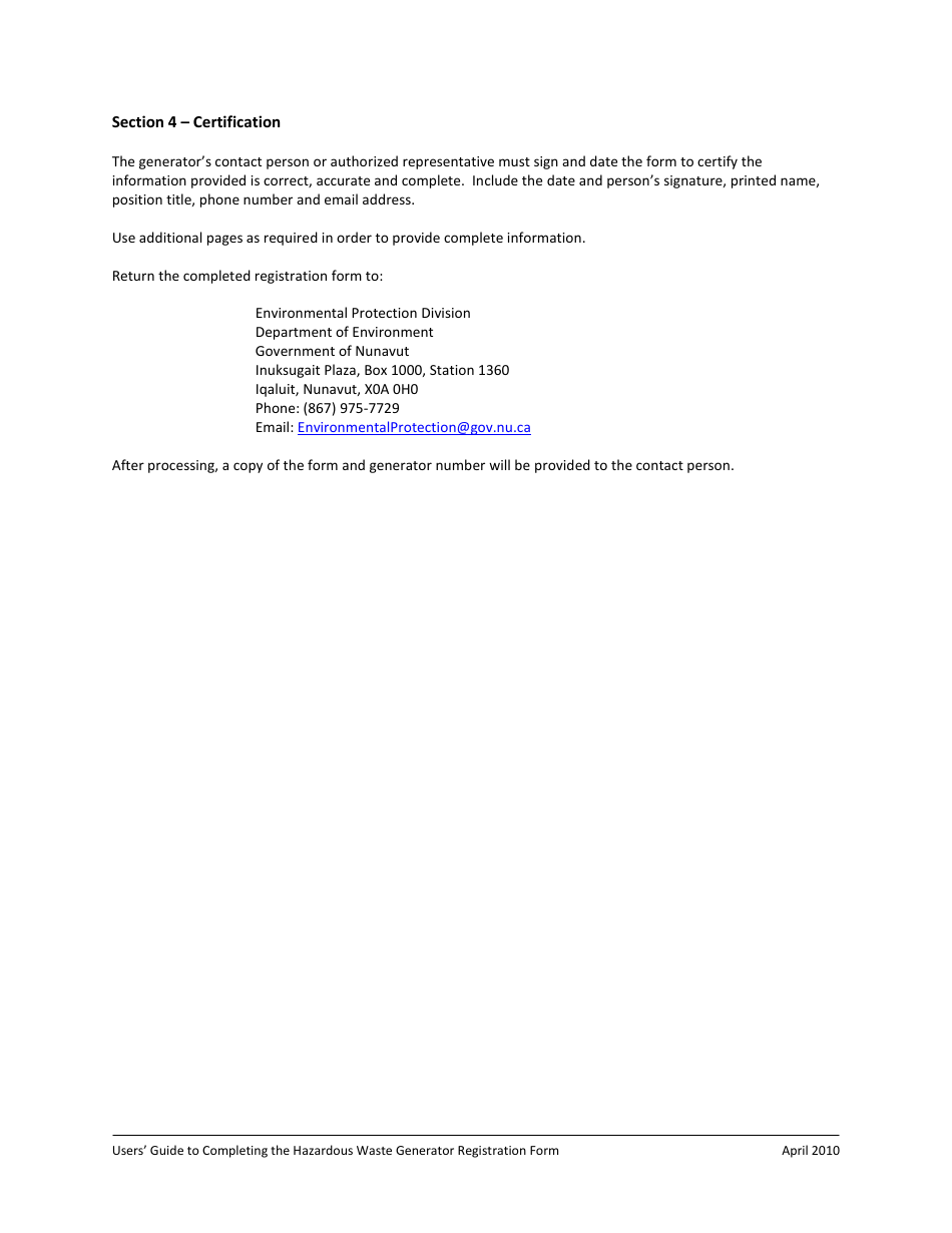 Registration Form Hazardous Waste Generator - Nunavut, Canada, Page 4