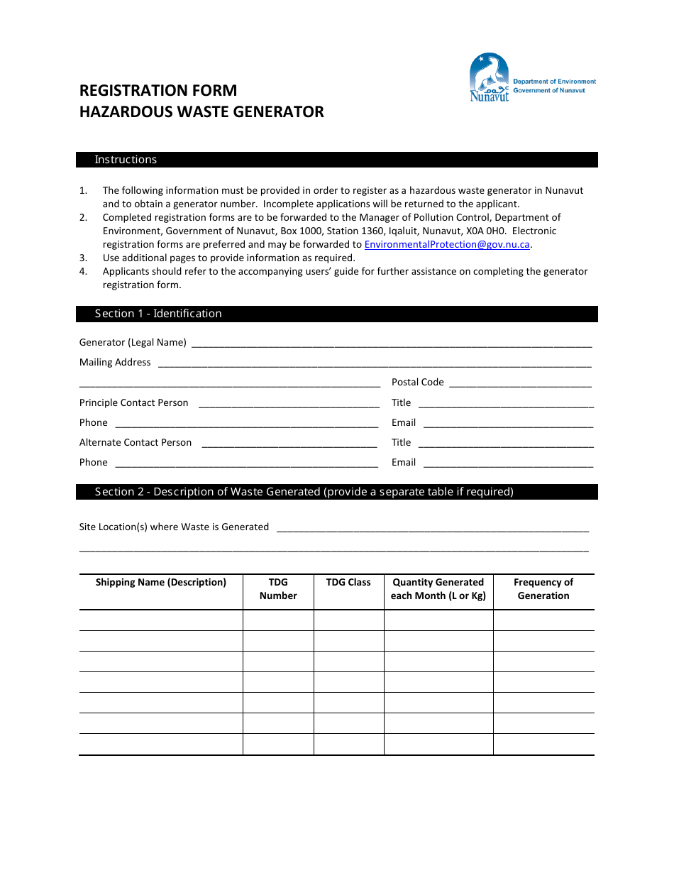 Nunavut Canada Registration Form Hazardous Waste Generator Fill Out