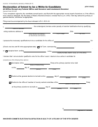 Document preview: Form 13 Declaration of Intent to Be a Write-In Candidate (All Office Except Any Federal Office and Governor and Lieutenant Governor) - Ohio