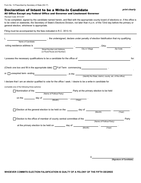 Form 13 Declaration of Intent to Be a Write-In Candidate (All Office Except Any Federal Office and Governor and Lieutenant Governor) - Ohio