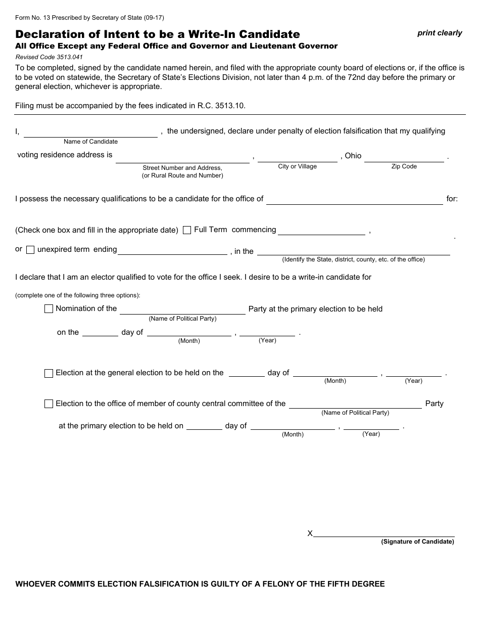 Form 13 Declaration of Intent to Be a Write-In Candidate (All Office Except Any Federal Office and Governor and Lieutenant Governor) - Ohio, Page 1