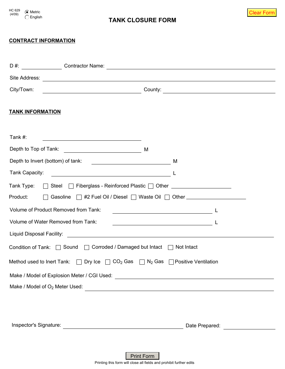 Form HC629 Tank Closure Form - New York, Page 1