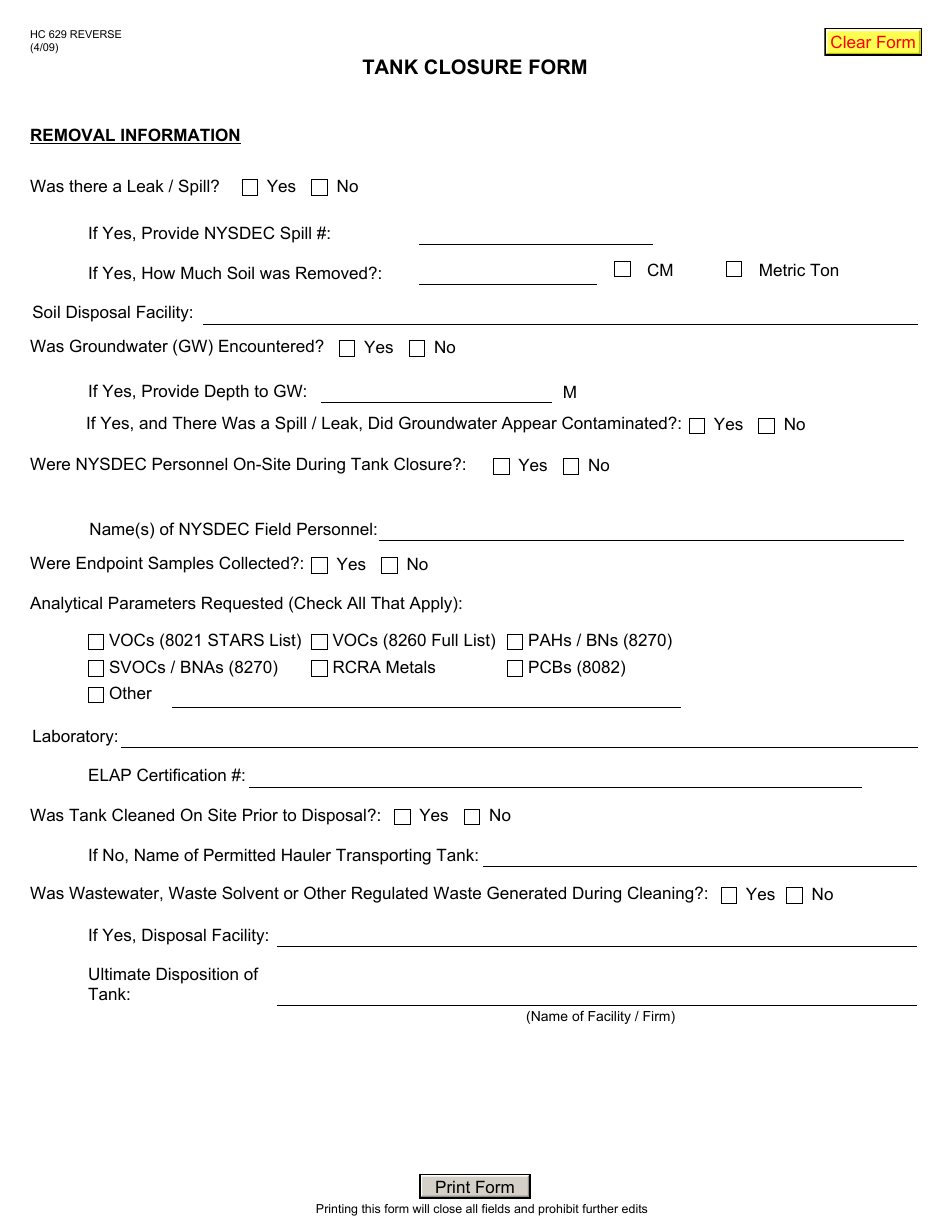 Form HC629 Tank Closure Form - New York, Page 2