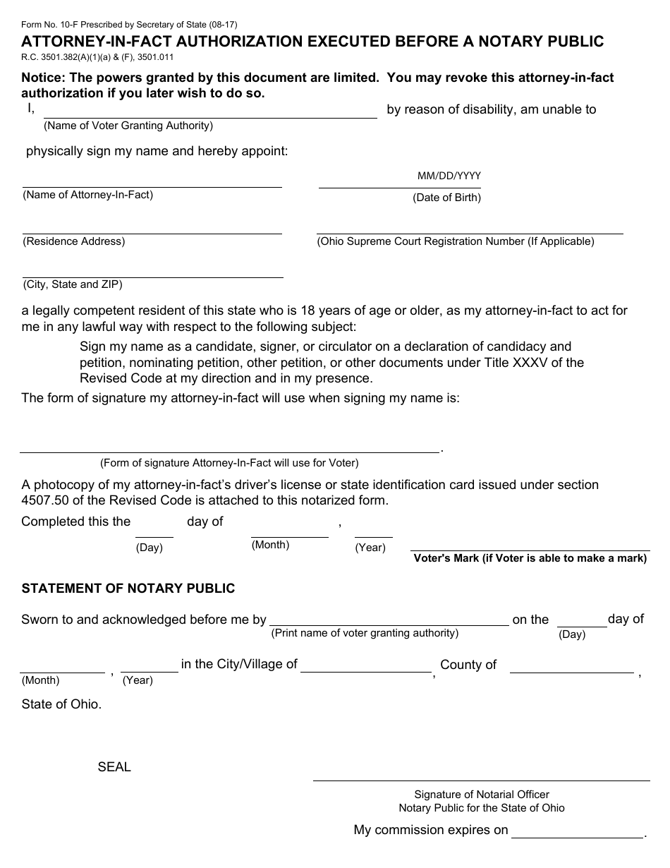 Form 10-F Attorney-In-fact Authorization Executed Before a Notary Public - Ohio, Page 1