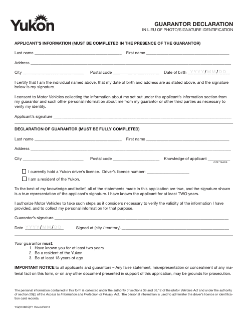 Form YG5728 Guarantor Declaration - Yukon, Canada