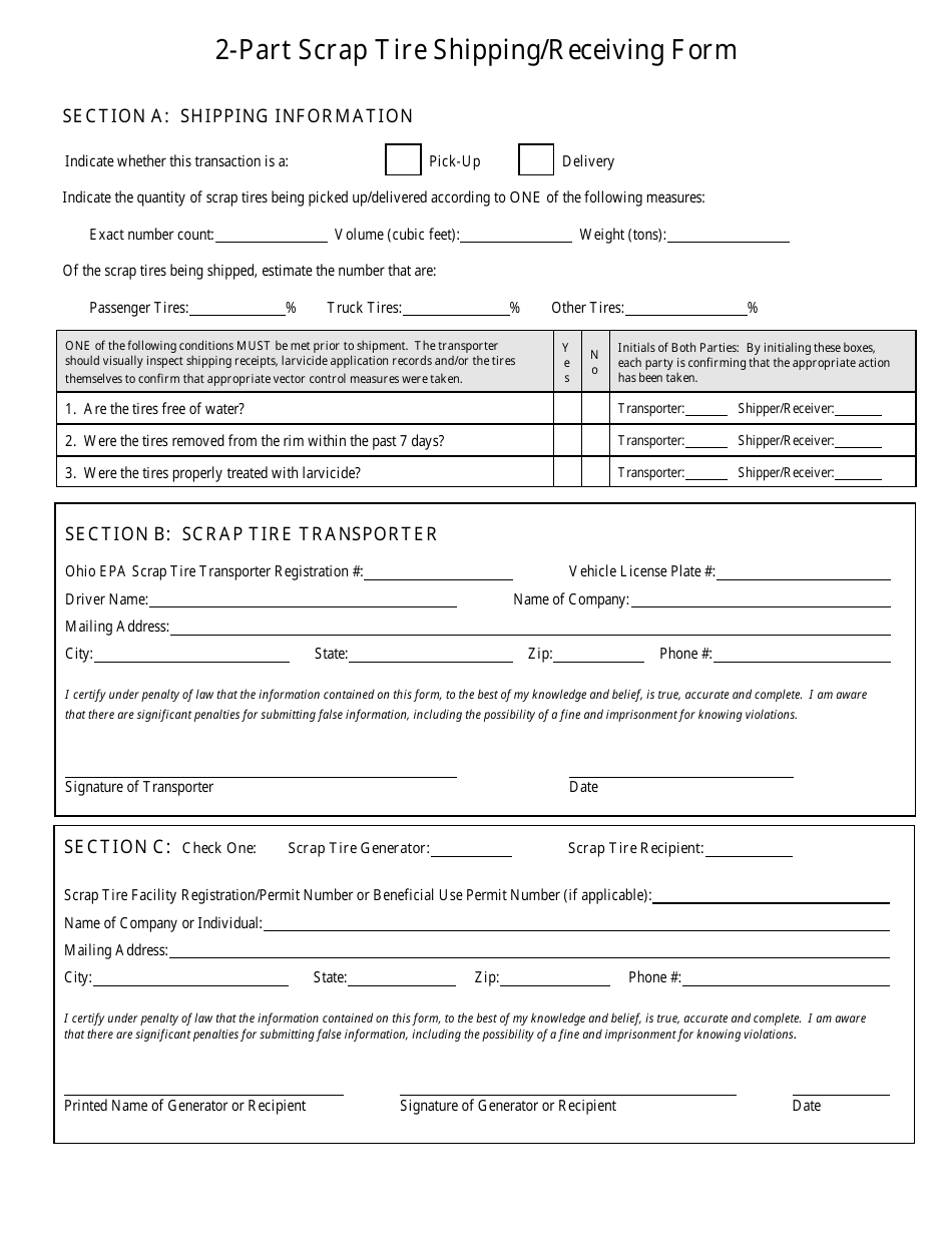 2-part Scrap Tire Shipping / Receiving Form - Ohio, Page 1