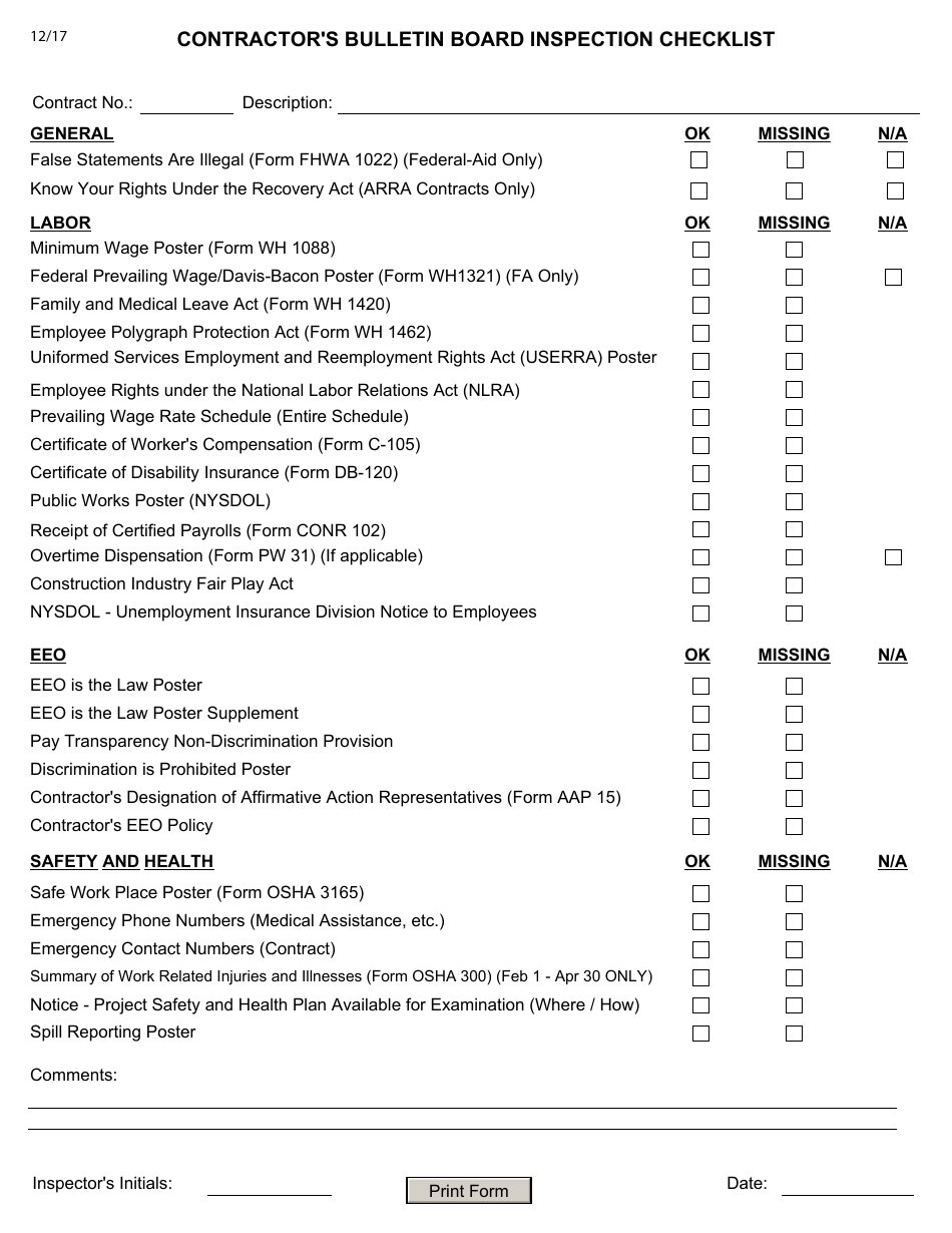 Contractors Bulletin Board Inspection Checklist - New York, Page 1