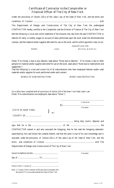 Certificate of Contractor to the Comptroller or Financial Officer of the City of New York - New York City