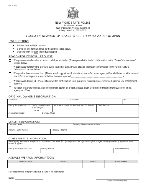 Form PPB-12 Transfer, Disposal, or Loss of a Registered Assault Weapon - New York
