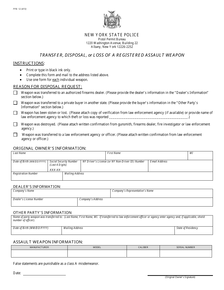 Form PPB-12 Transfer, Disposal, or Loss of a Registered Assault Weapon - New York, Page 1