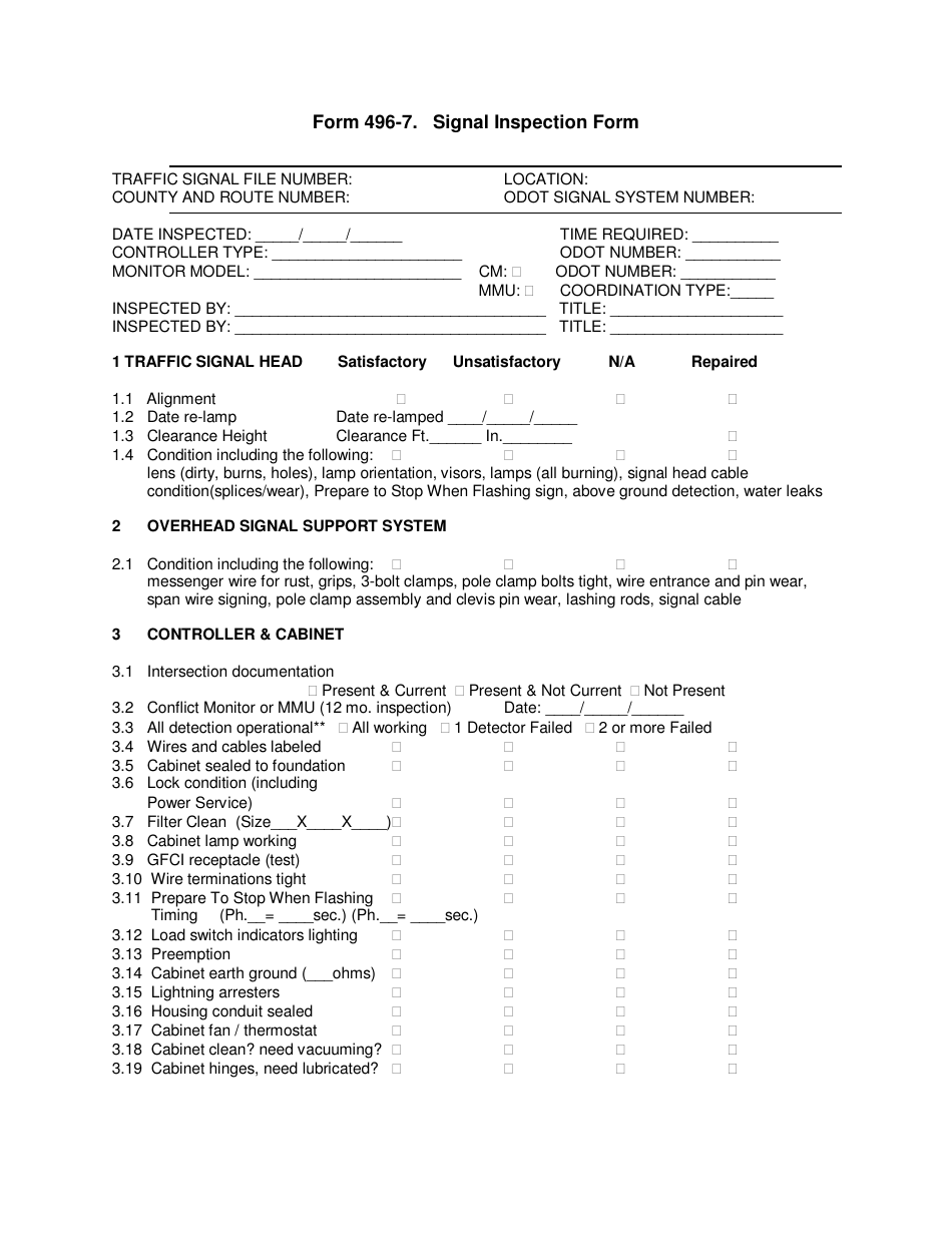 Form 496-7 Signal Inspection Form - Ohio, Page 1