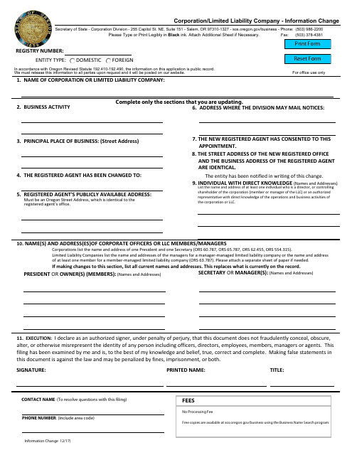 Corporation/Limited Liability Company - Information Change - Oregon