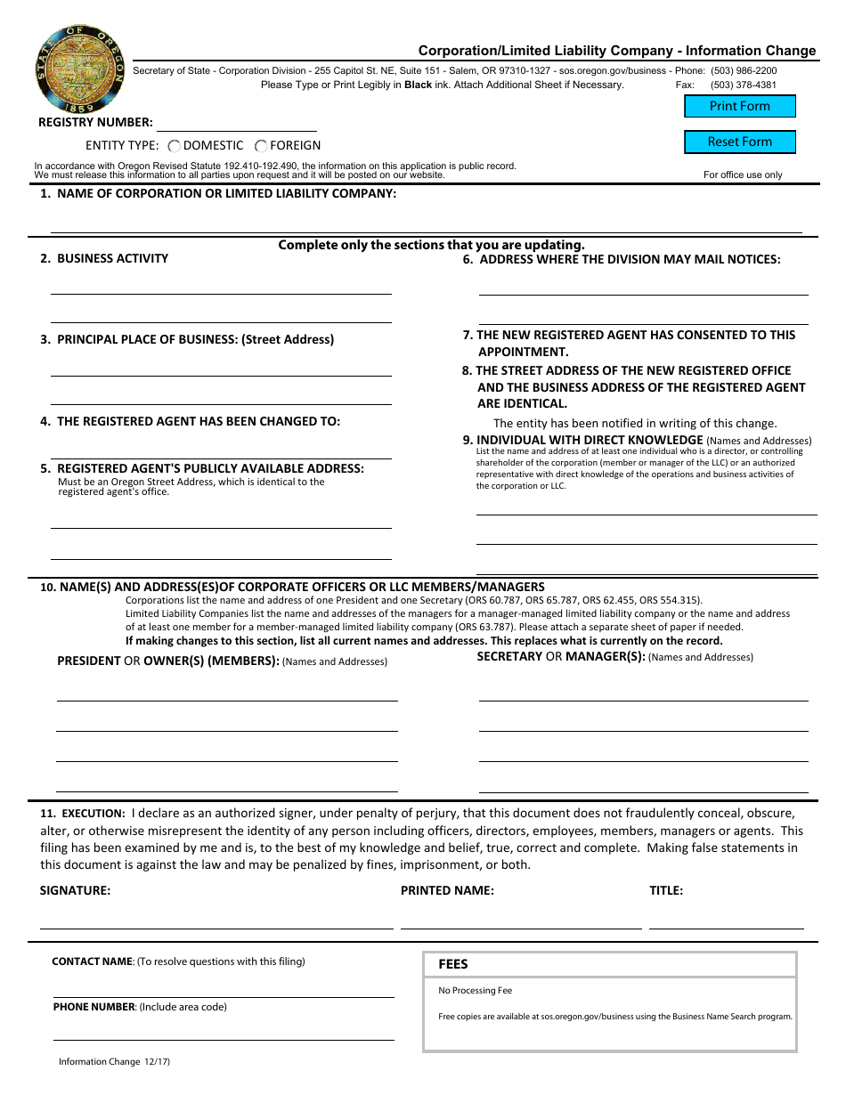 Corporation / Limited Liability Company - Information Change - Oregon, Page 1
