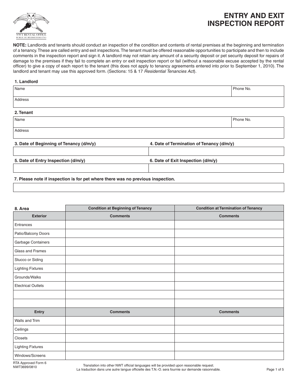 RTA Form 6 Entry and Exit Inspection Report - Northwest Territories, Canada, Page 1