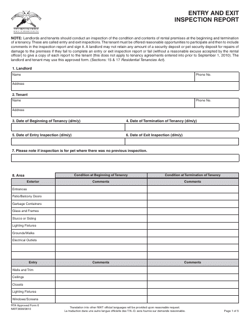 RTA Form 6 Entry and Exit Inspection Report - Northwest Territories, Canada