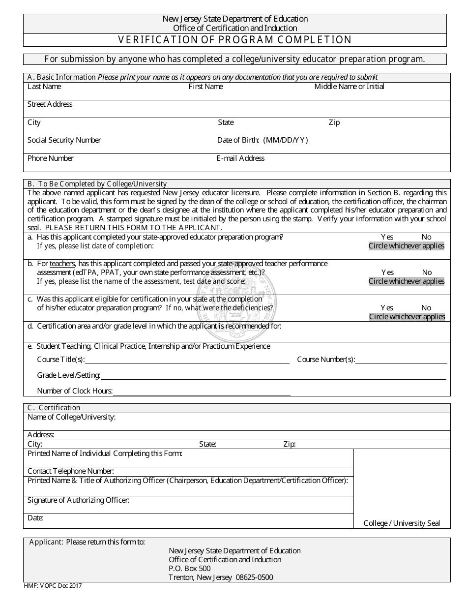 New Jersey Verification of Program Completion - Fill Out, Sign Online ...