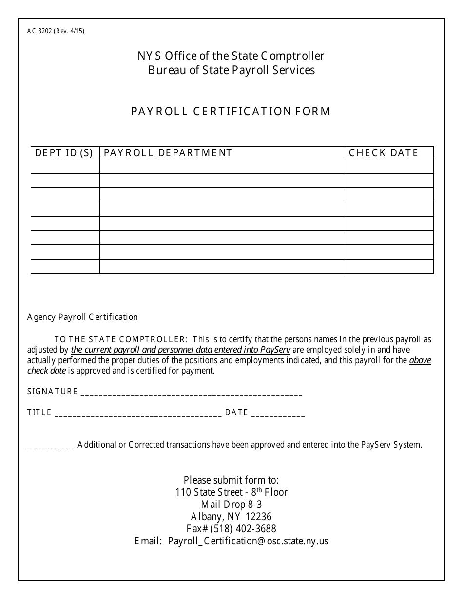Form AC3202 Payroll Certification Form - New York, Page 1
