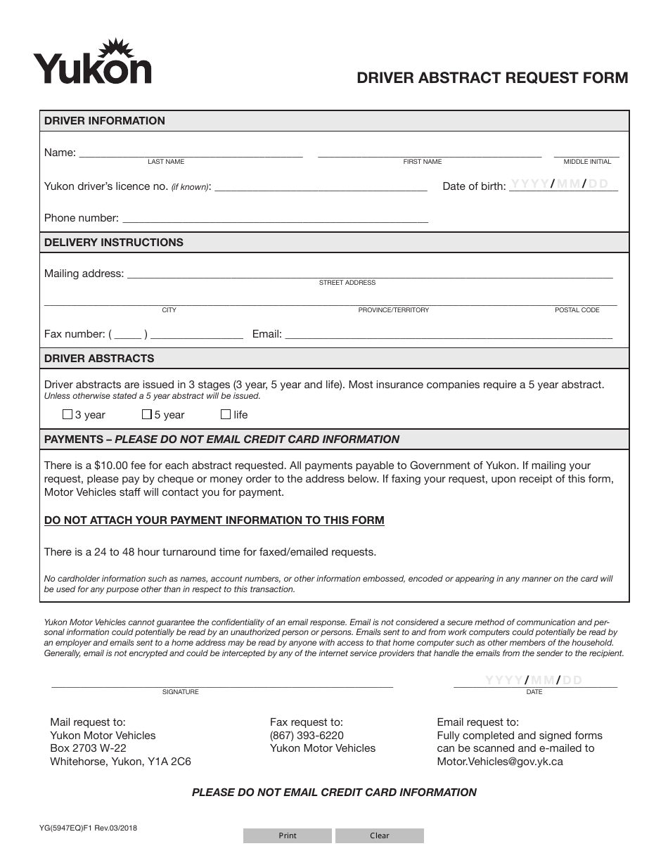 Form YG5947 Driver Abstract Request Form - Yukon, Canada, Page 1