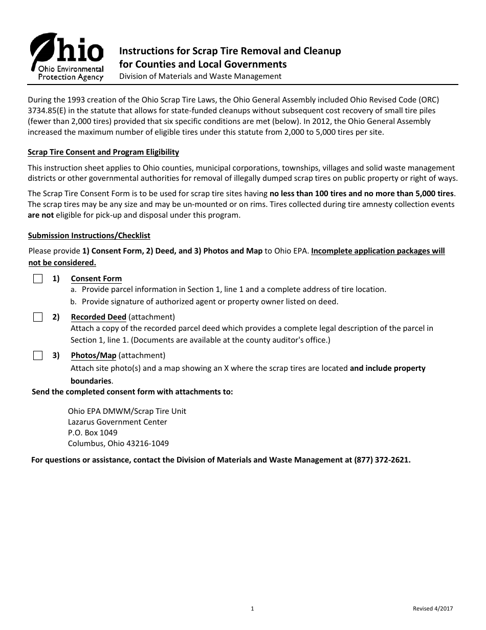 Scrap Tire Removal Certifications and Consent Form for Counties and Local Governments - Ohio, Page 1
