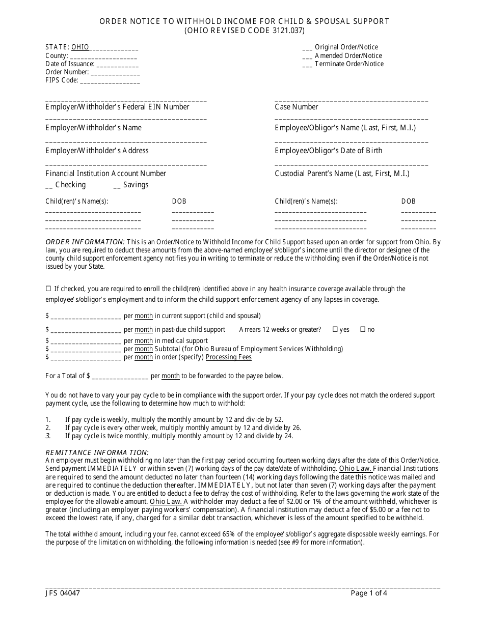 Form JFS04047 Order / Notice to Withhold Income for Child and Spousal Support (Juvenile / Domestic) - Ohio, Page 1