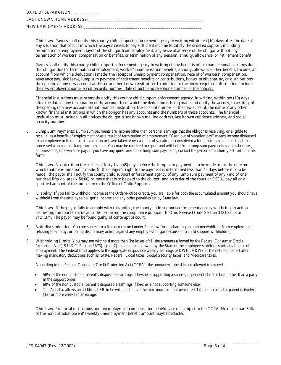 Form JFS04047 Order / Notice to Withhold Income for Child and Spousal Support (Juvenile / Domestic) - Ohio, Page 3