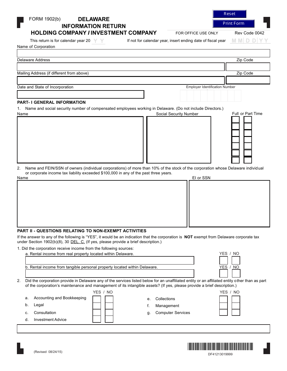 Form 1902(B) Delaware Information Return Holding Company / Investment Company - Delaware, Page 1