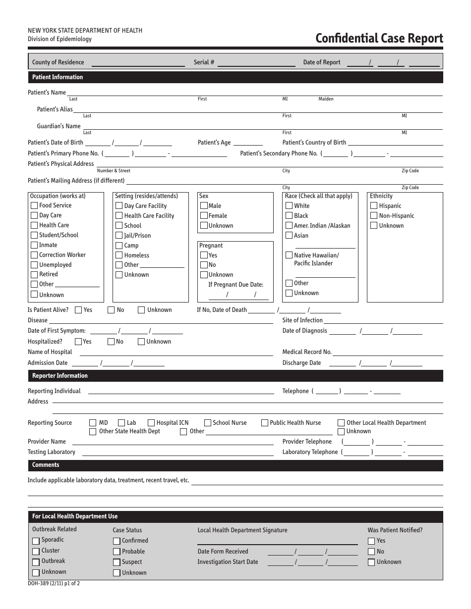 Form DOH-389 Confidential Case Report - New York, Page 1