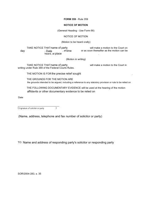 Form 359 Notice of Motion - Canada