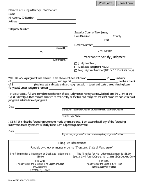 Form 11009 Warrant to Satisfy Judgment - New Jersey