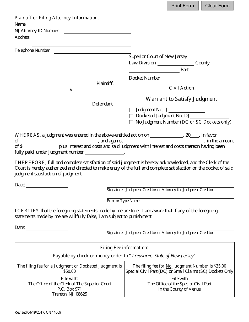 Form 11009 Warrant to Satisfy Judgment - New Jersey, Page 1