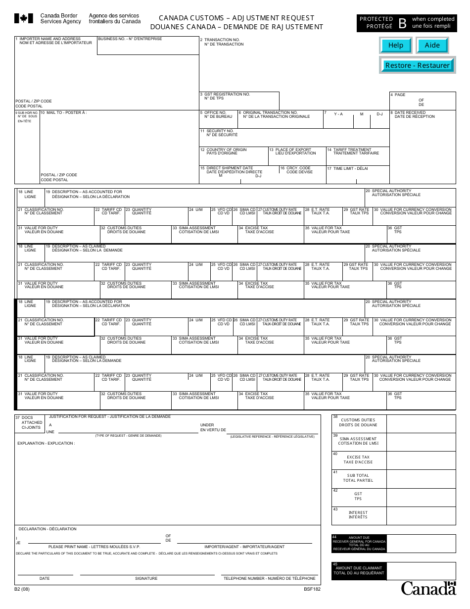Form B2 (BSF182) Canada Customs - Adjustment Request - Canada (English / French), Page 1