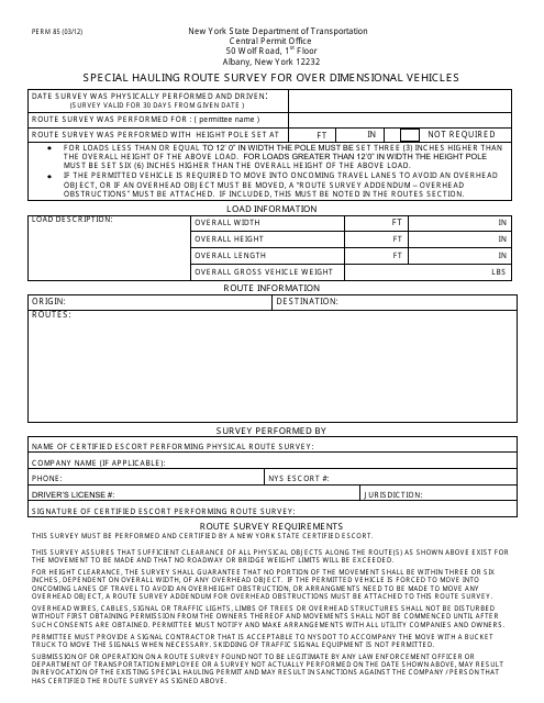 Form PERM85 Special Hauling Route Survey for Over Dimensional Vehicles - New York