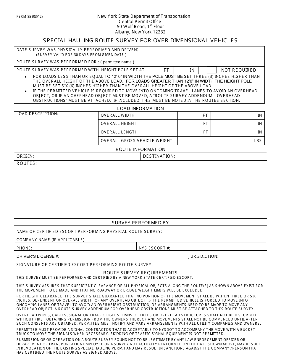 Form PERM85 Special Hauling Route Survey for Over Dimensional Vehicles - New York, Page 1