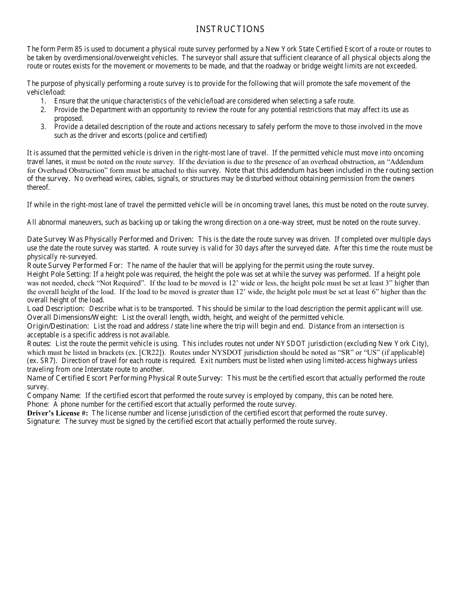Form PERM85 Special Hauling Route Survey for Over Dimensional Vehicles - New York, Page 2
