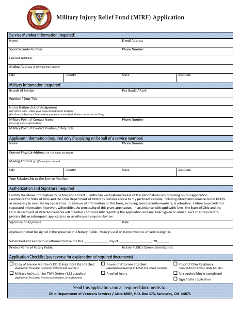 Military Injury Relief Fund (Mirf) Application - Ohio Download Pdf