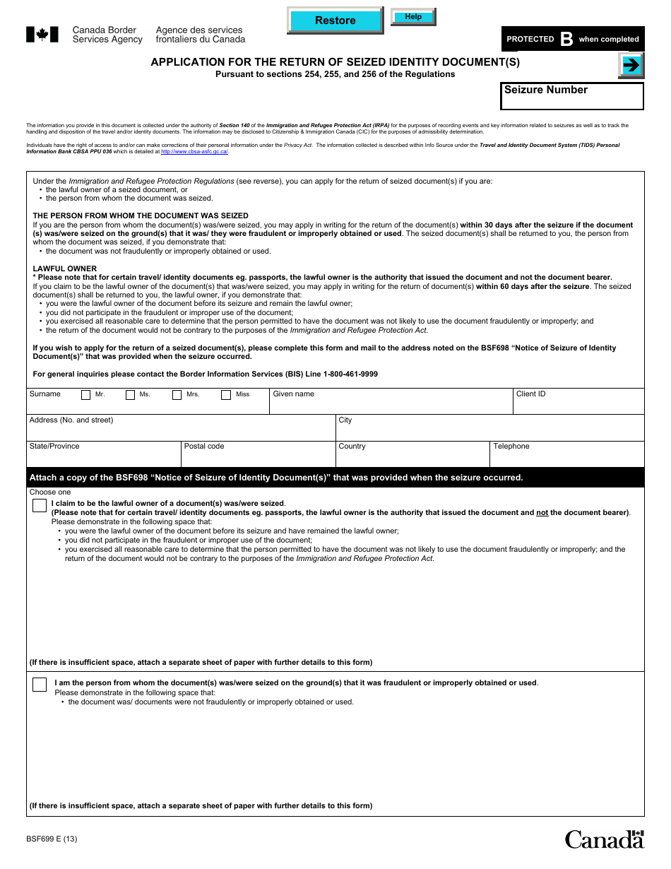 Form BSF699 Application for the Return of Seized Identity Document(S) - Canada, Page 1