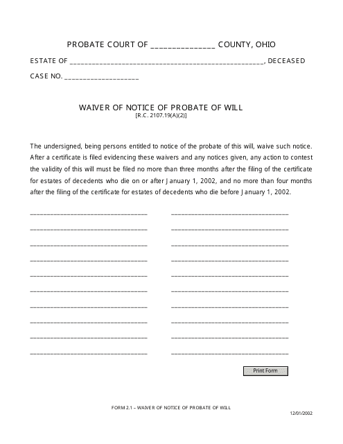 Form 2.1 Waiver of Notice of Probate of Will - Ohio