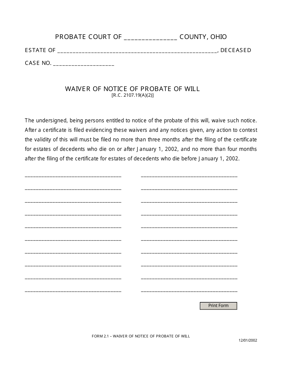 Form 2.1 Waiver of Notice of Probate of Will - Ohio, Page 1