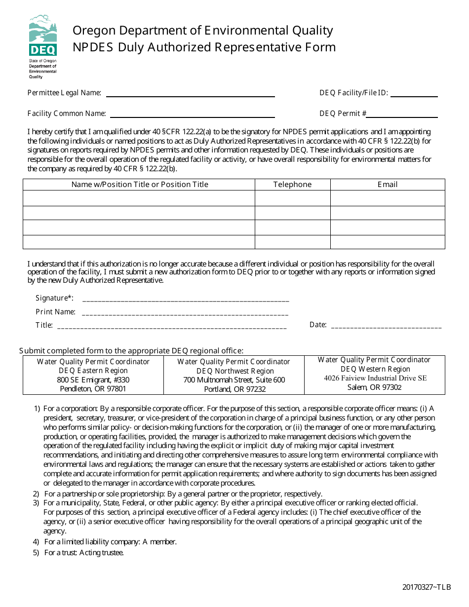 Npdes Duly Authorized Representative Form - Oregon, Page 1