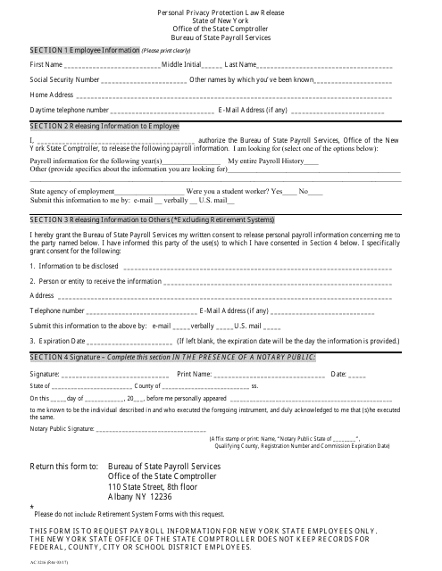 Form AC3216 Personal Privacy Protection Law Release Form (For Employment History Requests) - New York