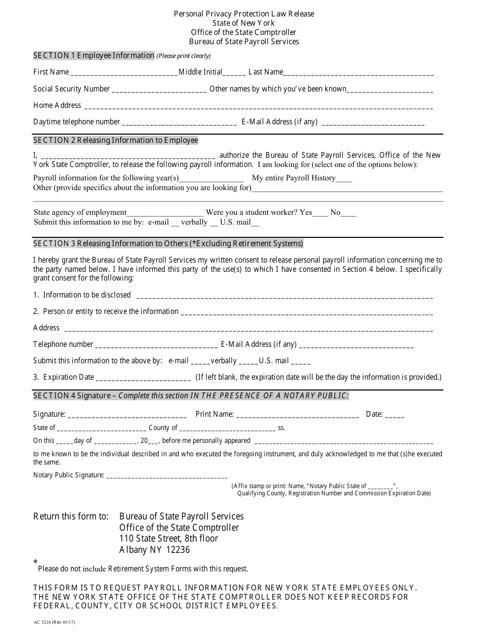 Form AC3216 Personal Privacy Protection Law Release Form (For Employment History Requests) - New York, Page 1