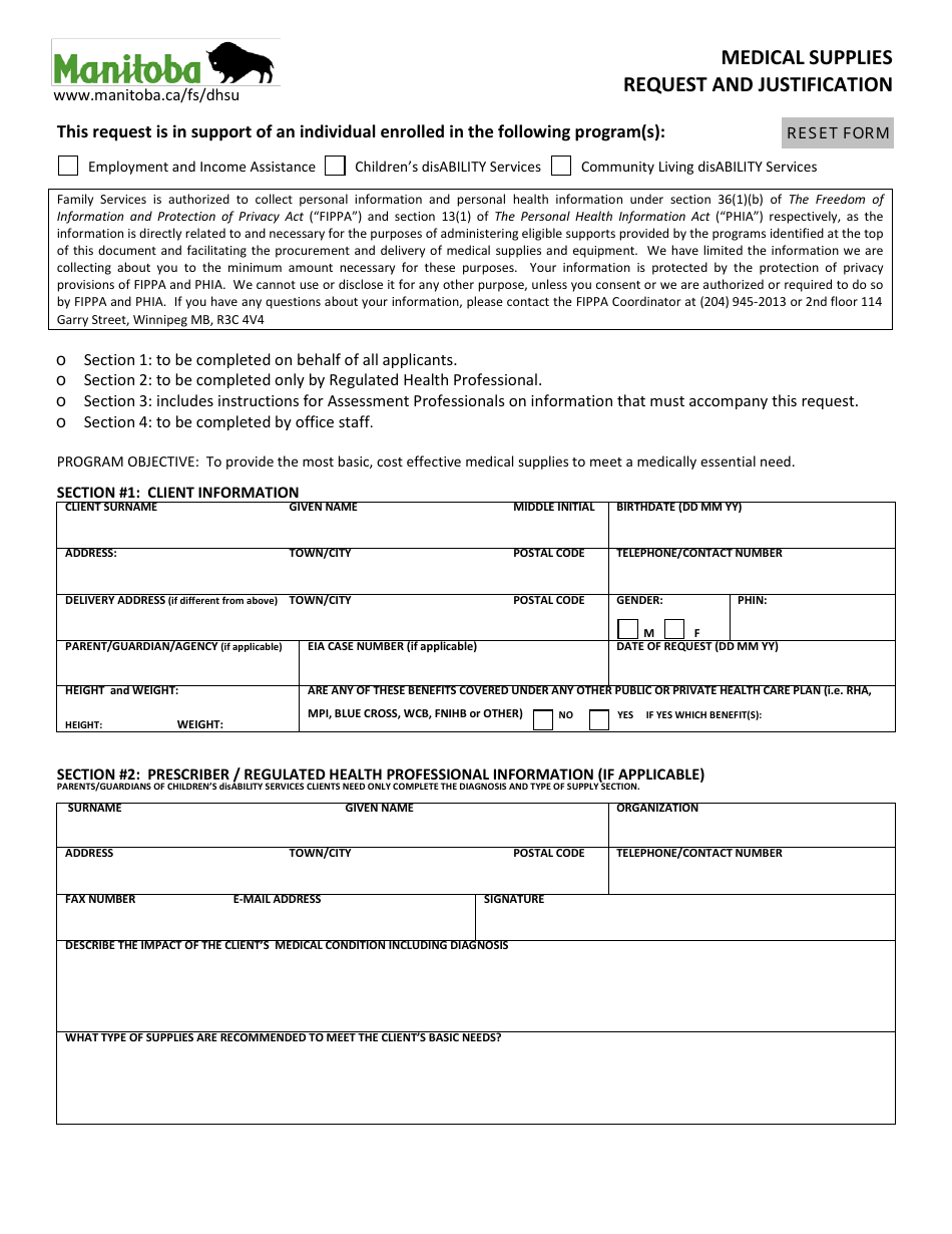 Manitoba Canada Medical Supplies Request and Justification Fill Out