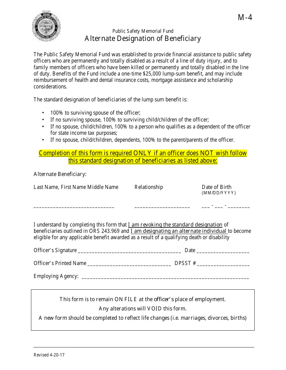 Form M-4 Alternate Designation of Beneficiary - Oregon, Page 1