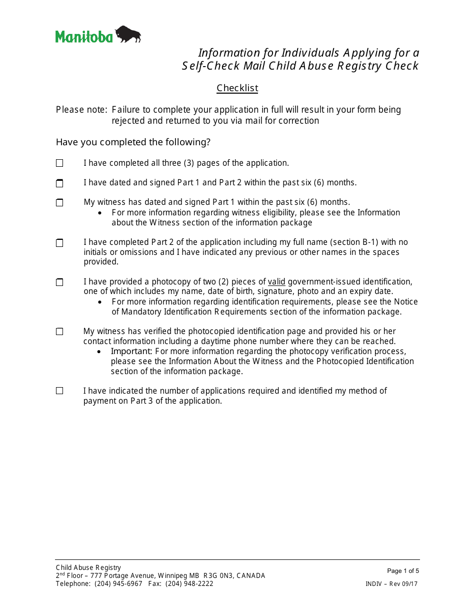 Application for a Child Abuse Registry Self-check (Mail) - Manitoba, Canada, Page 1