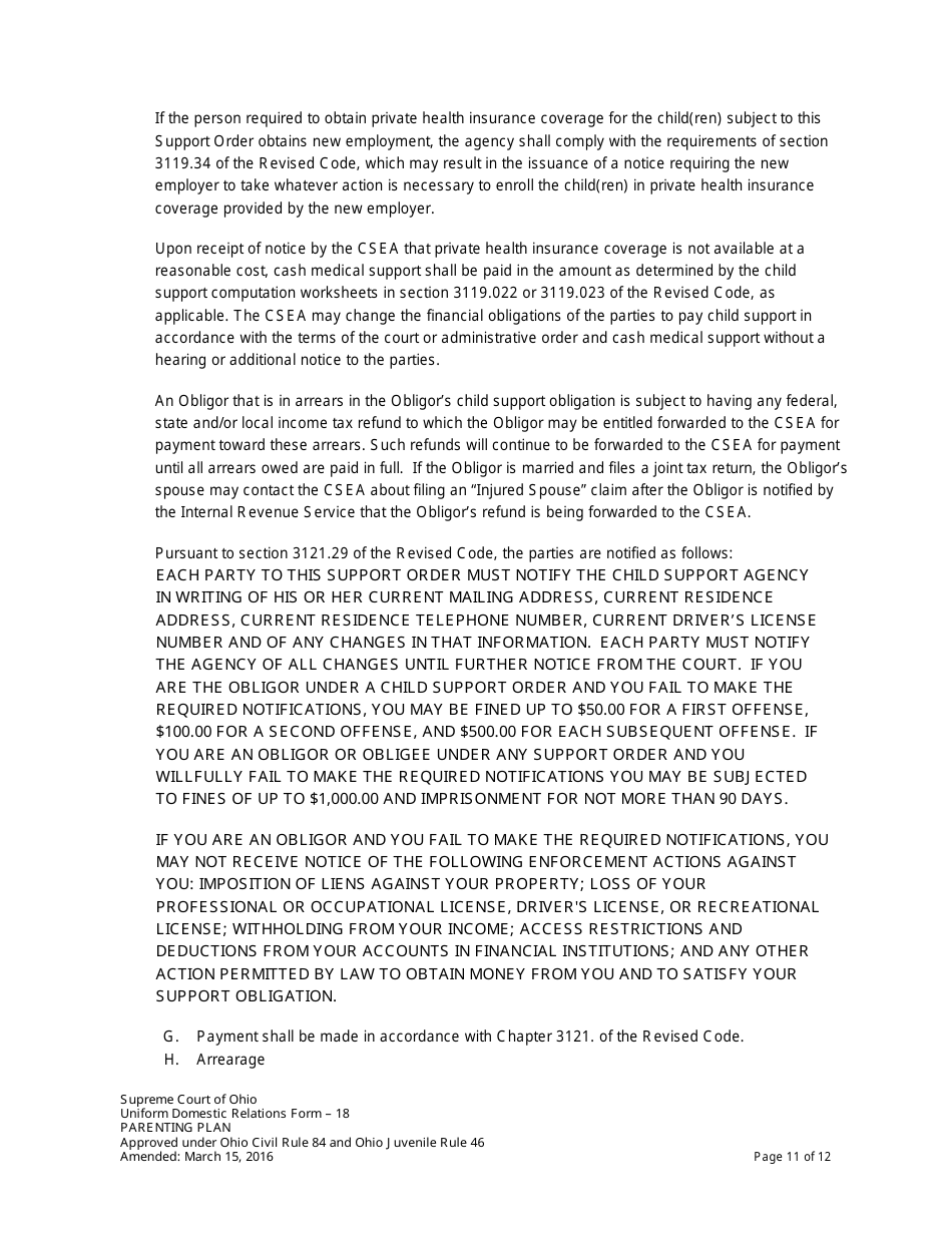 Uniform Domestic Relations Form 18 Parenting Plan - Ohio, Page 11